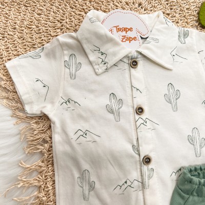 Conj. Camisa Cactos e Bermuda em Moletinho - Off White e Verde